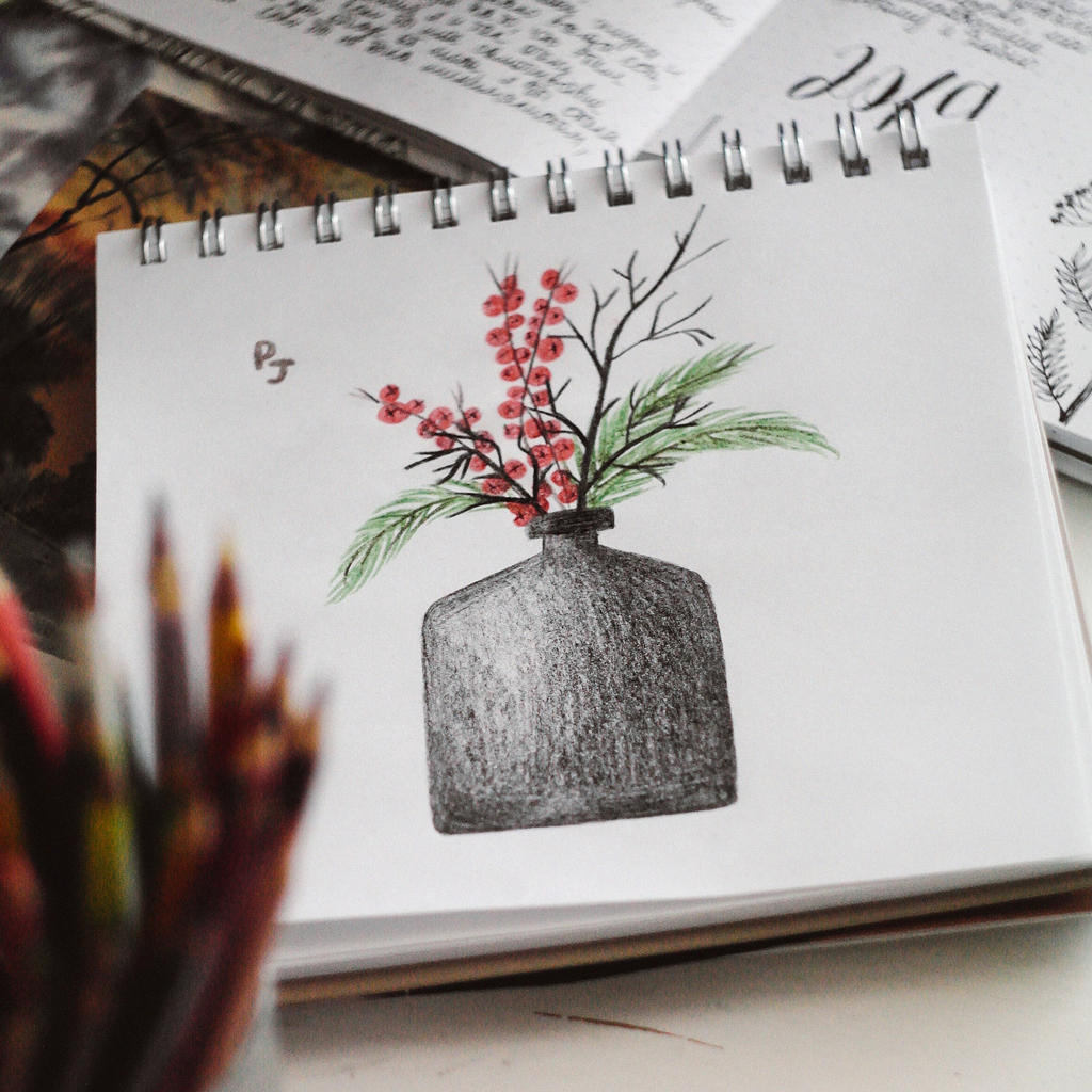 赤い実・色鉛筆画