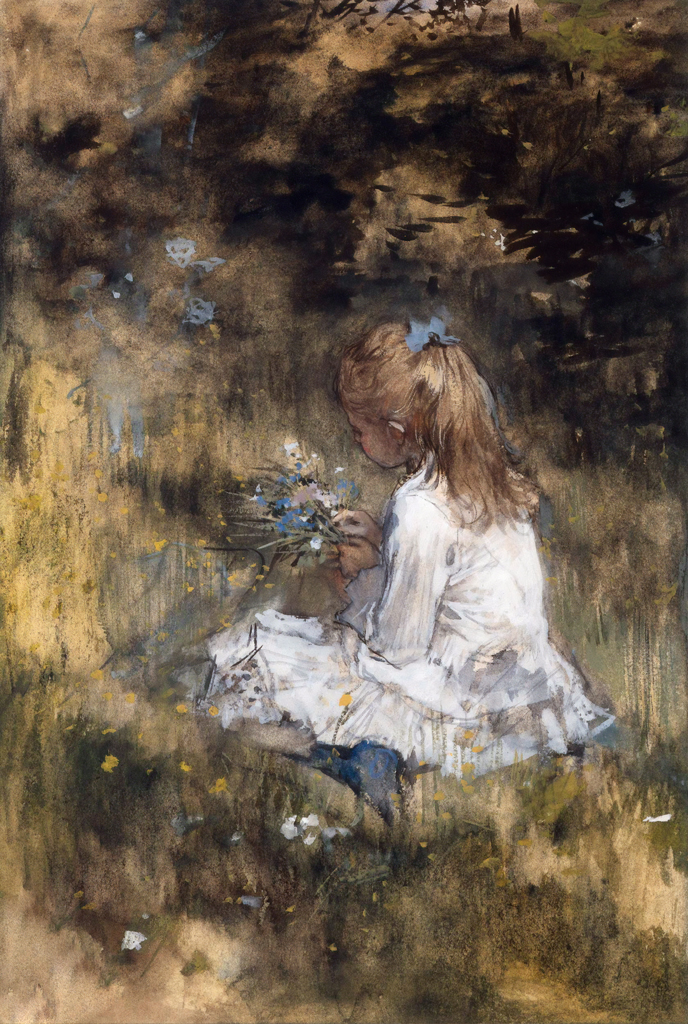 花を束ねる少女・水彩画